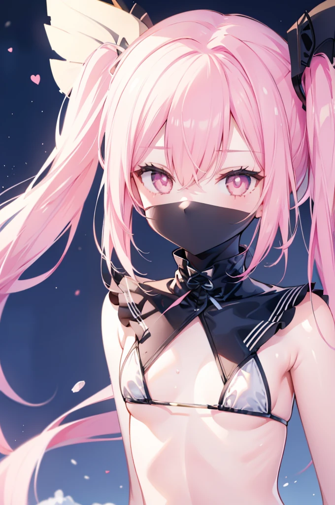 upper body, 1girl, wallpaper, light particles, beach, background, look at viewer, pink hair, long hair, twintails, white eyes, bikini, ninja mask