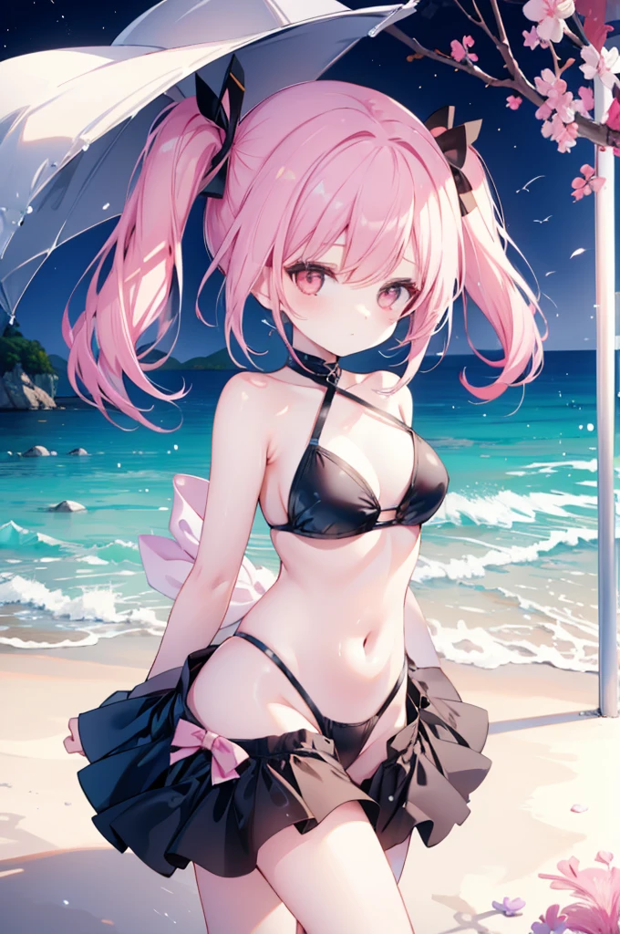 upper body, 1girl, wallpaper, light particles, beach, background, look at viewer, pink hair, long hair, twintails, white eyes, bikini, ninja mask