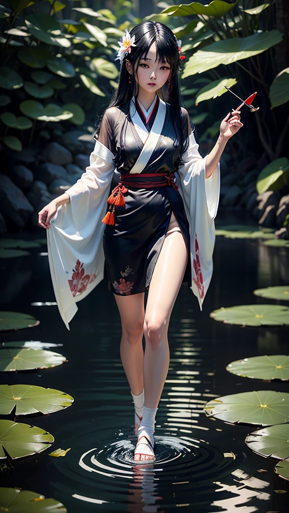 Wearing a lapis lazuli kimono in the dark17Year-old girl、Shiny black long straight hair、Up to the waist、Red and white mesh hair on a black background、Orange and red gradient eyeshadow、Slightly open red mouth、Walking quietly on the water、White tabi socks、Red cord、Sandals decorated with bells and white flowers、Holding a Japanese-style flute in his right hand、water pattern、Water Drop、A heron jumps out of the water、Take Off、Waterweed、water lily、
masterpiece, ultra detailed, best quality, hyperrealistic, photorealistic,