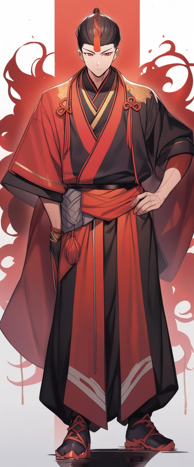 1 young man,Wearing red Lord Fu&#39;s clothes,holding a sword in the left hand