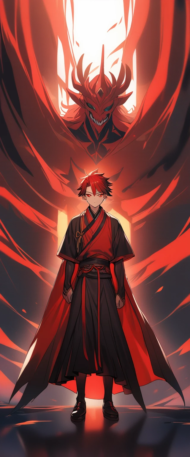 1 young man,Wearing red Lord Fu&#39;s clothes,holding a sword in the left hand