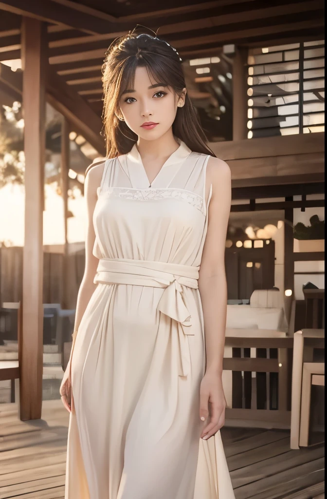 a girl standing on a dock, morning light, beautiful detailed eyes, beautiful detailed lips, extremely detailed eyes and face, long eyelashes, sleeveless knee-length beige dress, form-fitting ribbed fabric dress, warm sunlight, calm waters, serene dock scene, photorealistic, 8k, high quality, masterpiece, realistic, beautiful natural lighting, intricate details, vibrant colors, elegant fashion