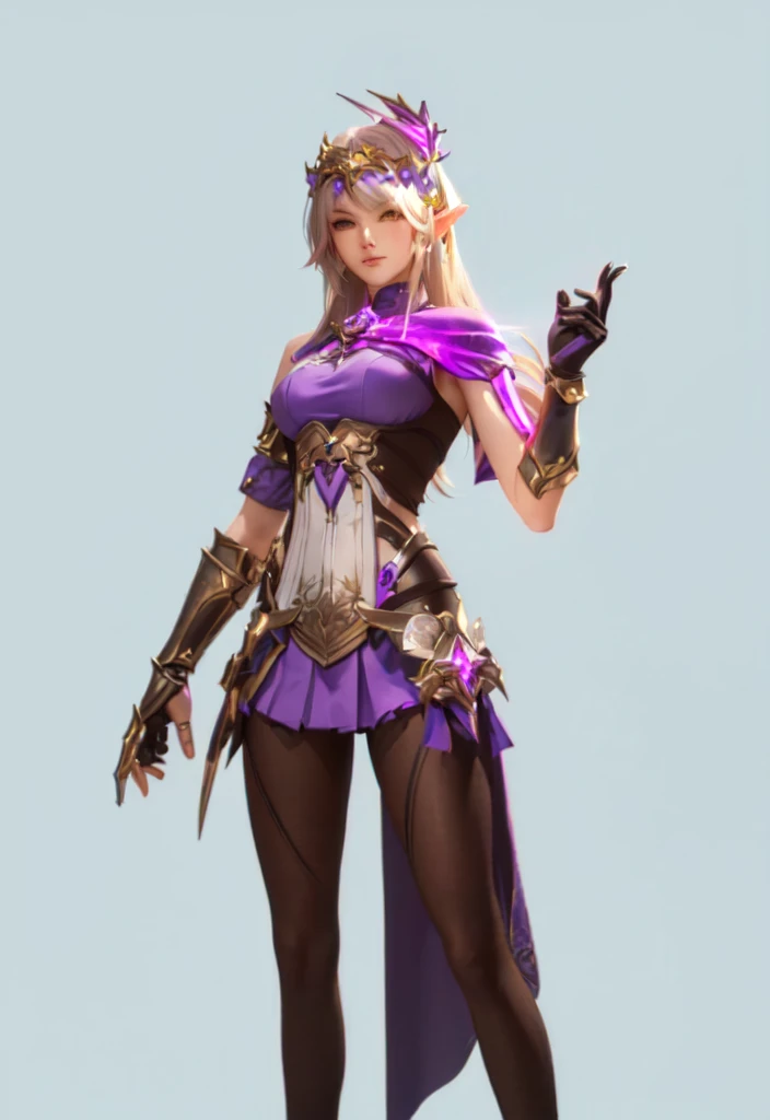 A man in a purple suit、Close-up of woman holding knife, Full body fairy, Charming Elf Princess Knight, Inspired by Yang Jin, Female Mage, IG model | Atjem, 3D Rendering Character Art 8k, Female characters, Fantasy Costume, Female Mage!, Star witch clothes, Epic Mage Girl Character, style Atjem, Purple Armor