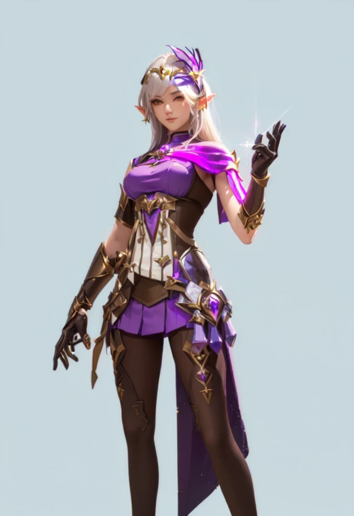 A man in a purple suit、Close-up of woman holding knife, Full body fairy, Charming Elf Princess Knight, Inspired by Yang Jin, Female Mage, IG model | Atjem, 3D Rendering Character Art 8k, Female characters, Fantasy Costume, Female Mage!, Star witch clothes, Epic Mage Girl Character, style Atjem, Purple Armor