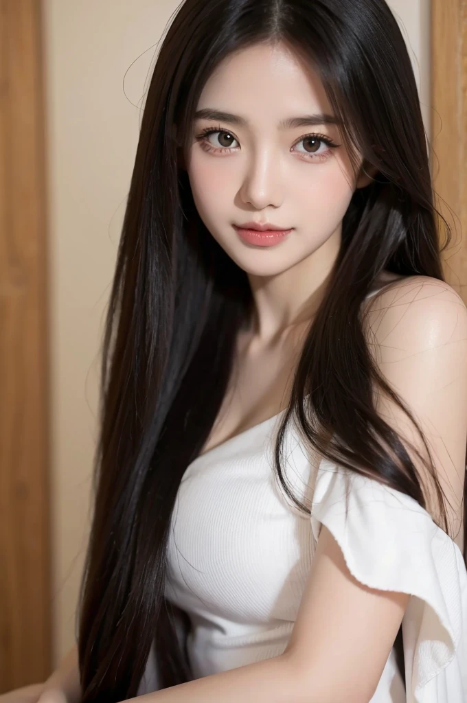 18 years old beautiful girl, big eyes, Large Breasts, Petite and slim, 8K, top quality, (Very detailed header: 1.0), (very detailed face: 1.0), (very fine hair: 1.0), Fashion sexy clothes, Very detailed official artwork, Anime cute art style, Clean and detailed anime art, Smile, black hair, smooth long hair