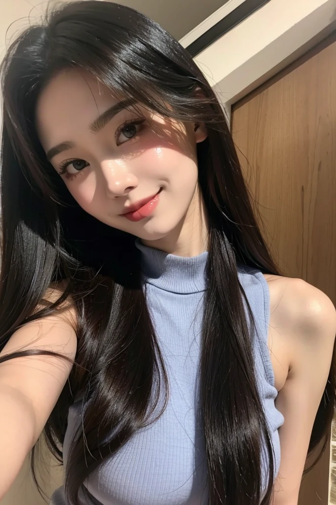18 years old beautiful girl, big eyes, Large Breasts, Petite and slim, 8K, top quality, (Very detailed header: 1.0), (very detailed face: 1.0), (very fine hair: 1.0), Fashion sexy clothes, Very detailed official artwork, Anime cute art style, Clean and detailed anime art, Smile, black hair, smooth long hair