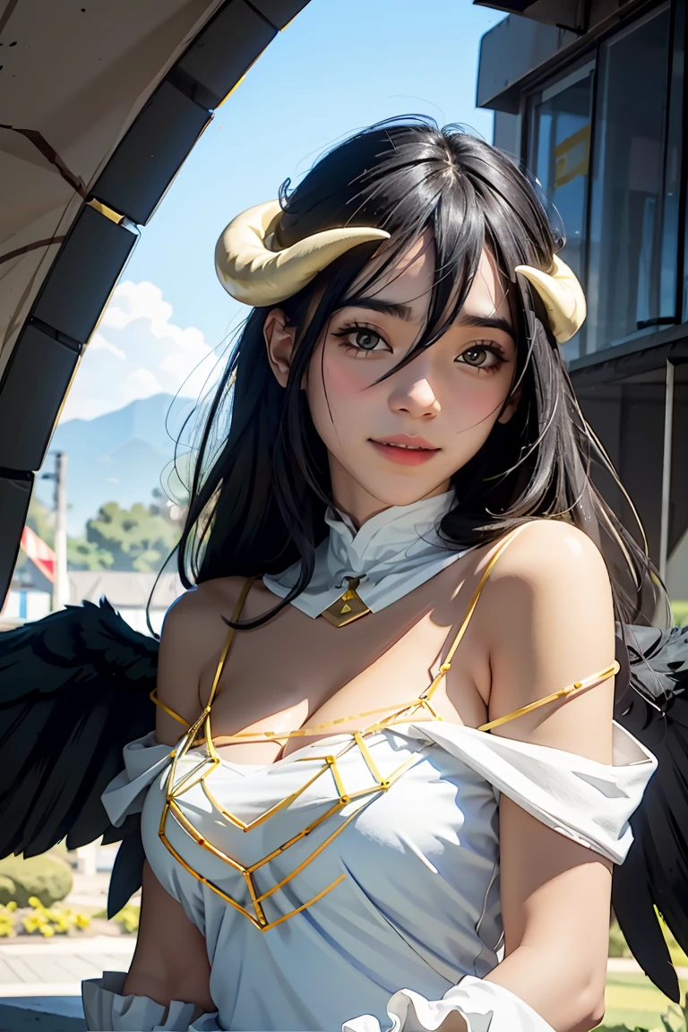 Masterpiece, Best quality, Ultra-detailed, illustration, epic lighting, Cinematic composition, isometry,(hexagons:1.2), 1girl, Horns, Solo, Yellow eyes, Black hair, Long hair, (Low wing:1.2), Large cleavage, Bare shoulders, hair between eye, Medium breasts, (White dress:1.1), Golden decoration, Detached collar, view the viewer, (view the viewer:1.1), parted lip, Blush, Black feathers fall, Arena, particle fx, (8K:1.1)