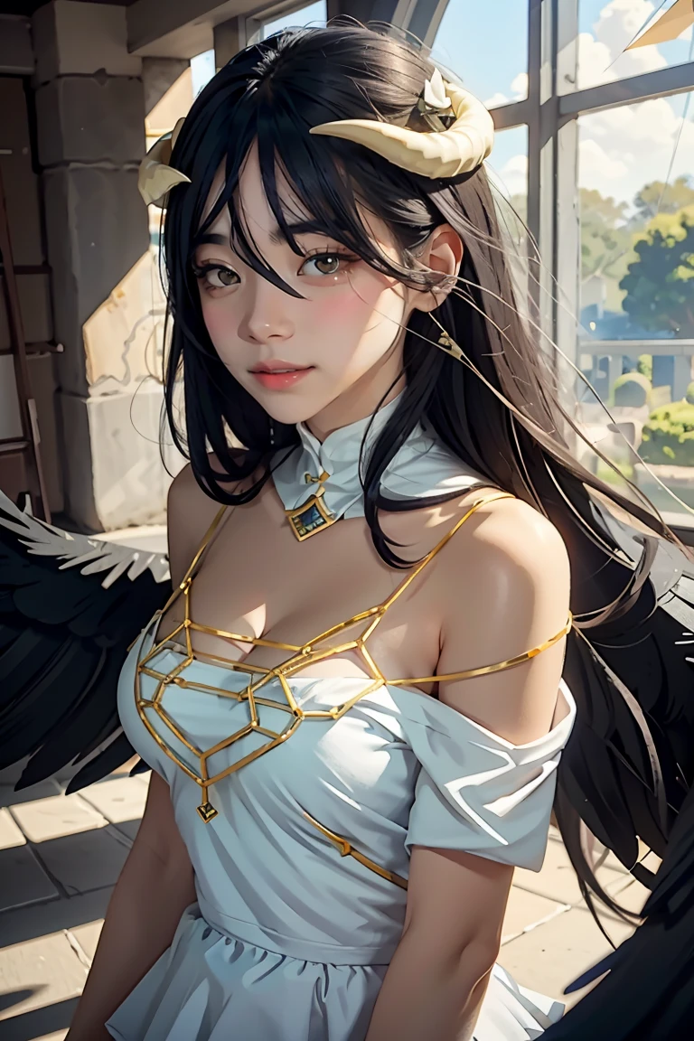 Masterpiece, Best quality, Ultra-detailed, illustration, epic lighting, Cinematic composition, isometry,(hexagons:1.2), 1girl, Horns, Solo, Yellow eyes, Black hair, Long hair, (Low wing:1.2), Large cleavage, Bare shoulders, hair between eye, Medium breasts, (White dress:1.1), Golden decoration, Detached collar, view the viewer, (view the viewer:1.1), parted lip, Blush, Black feathers fall, Arena, particle fx, (8K:1.1)