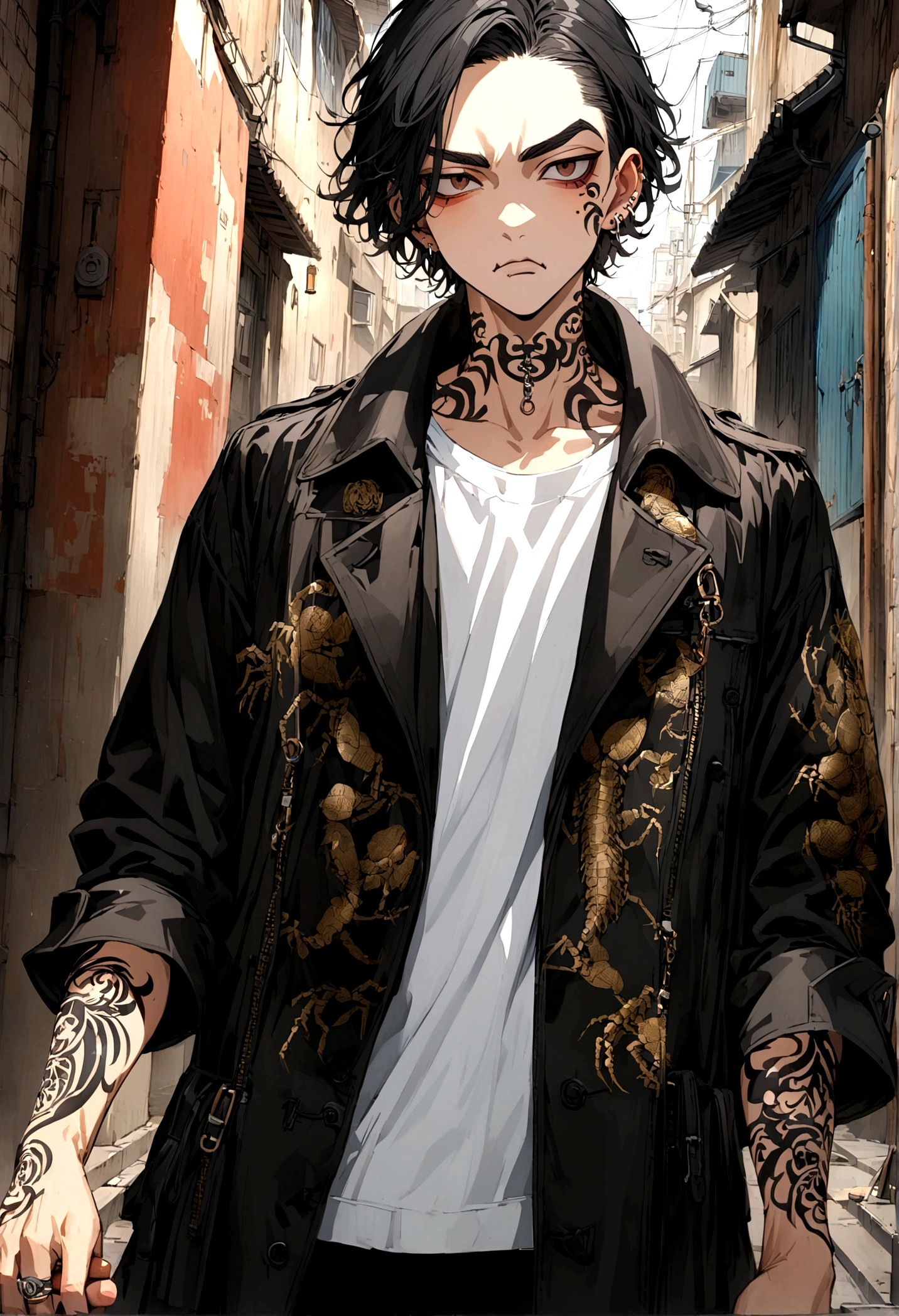 Tokyo revengers screenshot.
A boy with short hair, Black hair, dark brown eyes and a serious expression, with somewhat protruding and sharp fangs, a piercing in the left eyebrow, a neck tattoo that says 666 and another scorpion tattoo also on the neck, a mole under the left eye, with a cigarette in his hand he is wearing a long-sleeved black trench coat that has gold Japanese letters on the right sleeve and underneath he is wearing a loose white t-shirt. In the background there is an alley at night. Make a half-body image with Tokyo revengers drawing style