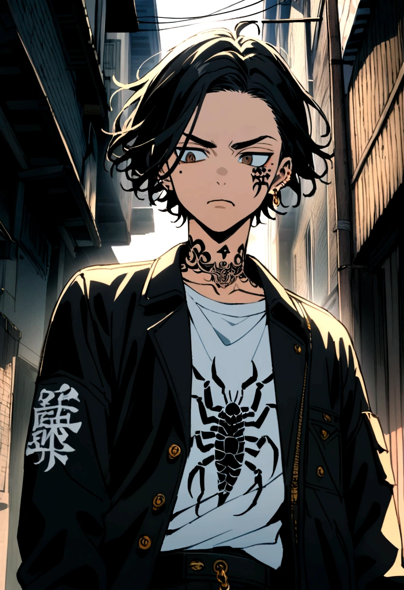 Tokyo revengers screenshot.
A boy with short hair, Black hair, dark brown eyes and a serious expression, with somewhat protruding and sharp fangs, a piercing in the left eyebrow, a neck tattoo that says 666 and another scorpion tattoo also on the neck, a mole under the left eye, with a cigarette in his hand he is wearing a long-sleeved black trench coat that has gold Japanese letters on the right sleeve and underneath he is wearing a loose white t-shirt. In the background there is an alley at night. Make a half-body image with Tokyo revengers drawing style