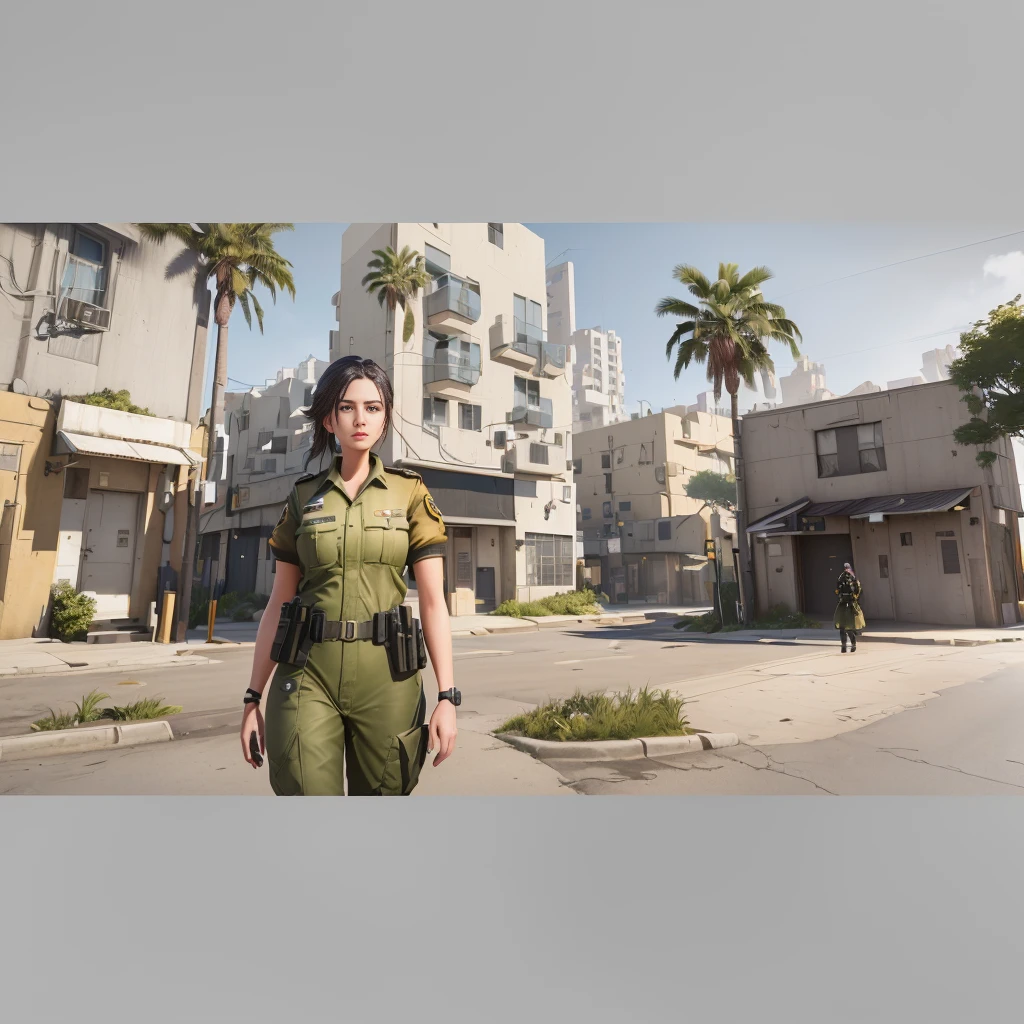 there is a woman in a uniform standing in a street, ultra-realistic graphics, made in unreal engine 5, realistic unreal engine 3 d game, an ultra realistic, created in unreal engine 5, 2020 video game screenshot, standing in a township street, cinematic front shot, rendered in unreal engine 5, in-game cinematic, realistic unreal engine 5