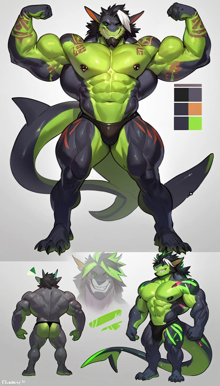 bara shark, large hairy pecs, strong physique, tribal tattoos, black samurai hair in ponytail, colored eyes, white highlights, neon green skin, black countershade, glowing details, anthro, plump pecs, strong physique,colored samurai hair, black sclera, neon green colored eyes, very muscular, perfect anatomy, scars on body,nipple piercings, solo, masterpiece, beard, strong jaw, flexing arms, thick thighs, giant biceps, muscular, smirking, smug expression, standing, character reference, reference sheet, gigantic height, full body view, wearing thong, grin, flat shading, full body, detailed hands, detailed eyes, detailed face, detailed arms,anthro, muscular, abs, (detailed:1.5), male, detailed background, by taran fiddler:0.6, by pgm:0.5, by zackary911