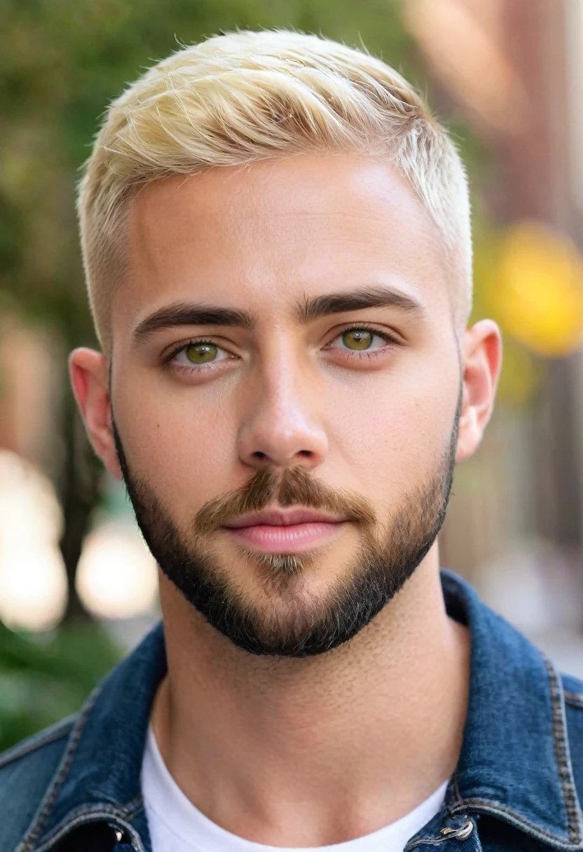 Handsome american,
blonde hair, short hair, hazel eyes, 30 years old, short beard, buzz cut
