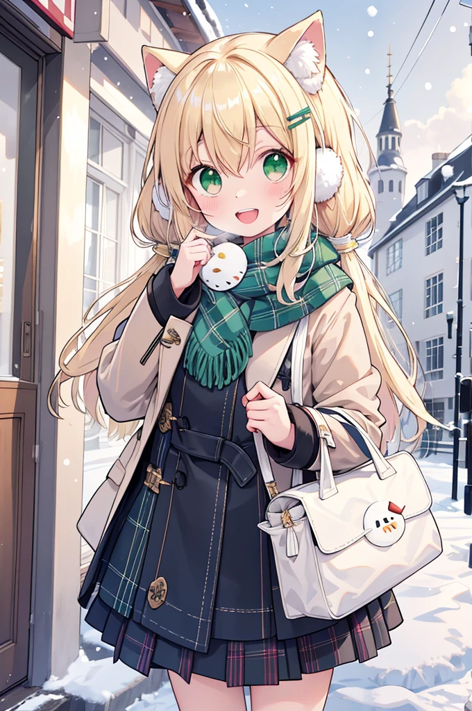 -galgame style, 1girl, green eyes, hair ornament, scarf, outdoors, looking at viewer, open mouth, coat, blonde hair, plaid, plaid scarf, bag, smile, snow, blush, bangs, long sleeves, pov, holding, fur trim, hair between eyes, holding bag, hairclip, earmuffs, winter, :d, snowman, blue coat, door, day, fur-trimmed coat, waving, pov hands, solo focus, ground vehicle, skirt, winter clothes, green scarf, blurry, standing, upper teeth only, fringe trim, open clothes, teeth, sweater, breath, twintail hair