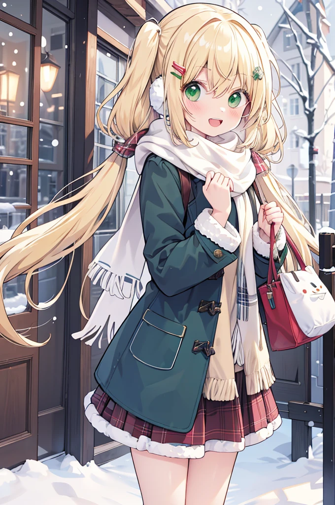 -galgame style, 1girl, green eyes, hair ornament, scarf, outdoors, looking at viewer, open mouth, coat, blonde hair, plaid, plaid scarf, bag, smile, snow, blush, bangs, long sleeves, pov, holding, fur trim, hair between eyes, holding bag, hairclip, earmuffs, winter, :d, snowman, blue coat, door, day, fur-trimmed coat, waving, pov hands, solo focus, ground vehicle, skirt, winter clothes, green scarf, blurry, standing, upper teeth only, fringe trim, open clothes, teeth, sweater, breath, twintail hair