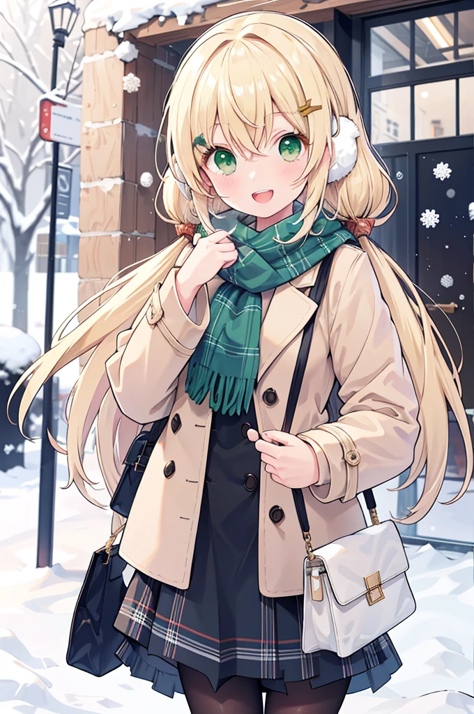 -galgame style, 1girl, green eyes, hair ornament, scarf, outdoors, looking at viewer, open mouth, coat, blonde hair, plaid, plaid scarf, bag, smile, snow, blush, bangs, long sleeves, pov, holding, fur trim, hair between eyes, holding bag, hairclip, earmuffs, winter, :d, snowman, blue coat, door, day, fur-trimmed coat, waving, pov hands, solo focus, ground vehicle, skirt, winter clothes, green scarf, blurry, standing, upper teeth only, fringe trim, open clothes, teeth, sweater, breath, twintail hair