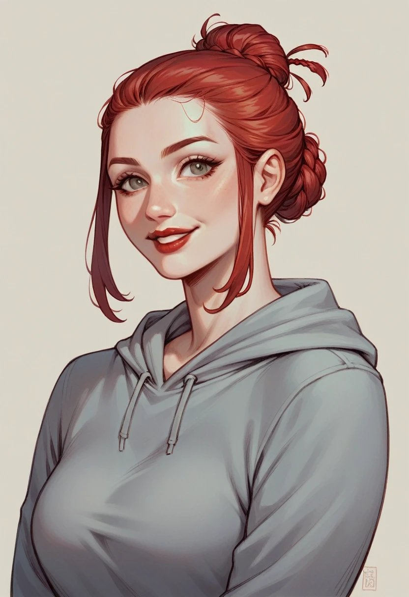 Lena Paul, White skin, portrait, face portrait, Red lips, smiling, voluptuous, Straight hair, Red hair,Hair up in a bun, braid in hair, Gray sweatshirt, hood, Cowboys.