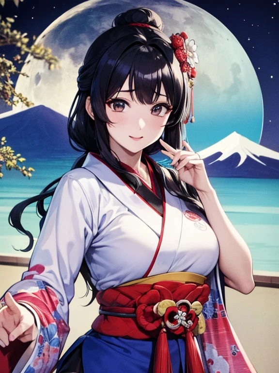 (Highest quality、masterpiece、High resolution、8K)、Vibrant colors、1 female、Black hair Japanese topknot、whole body、Bon dance、着物は和装で白地に鮮やかなflower柄模様、Official Art、The background is Ukiyo-e style、White waves,Fuji Mountain,flower,moon,cloud,
