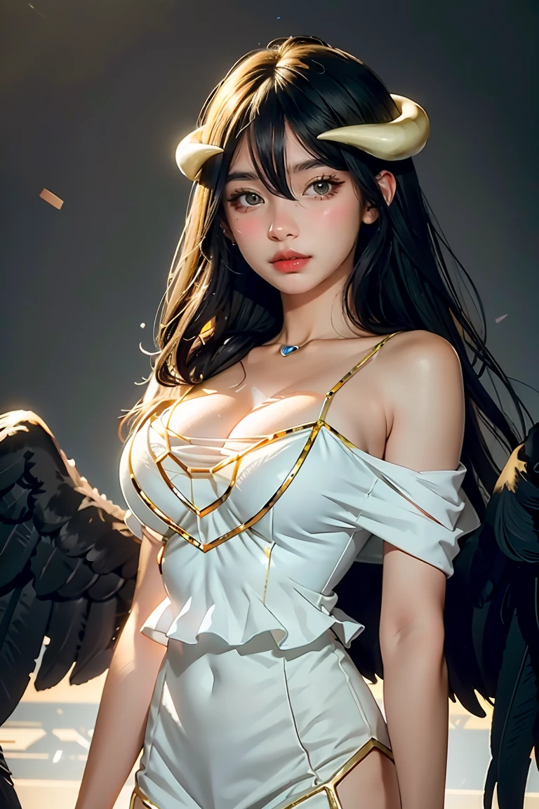 Masterpiece, Best quality, Ultra-detailed, illustration, epic lighting, Cinematic composition, isometry,(hexagons:1.2), 1girl, Horns, Solo, Yellow eyes, Black hair, Long hair, (Low wing:1.2), Large cleavage, Bare shoulders, hair between eye, Medium breasts, (White dress:1.1), Golden decoration, Detached collar, view the viewer, (view the viewer:1.1), parted lip, Blush, Black feathers fall, Arena, particle fx, (8K:1.1)