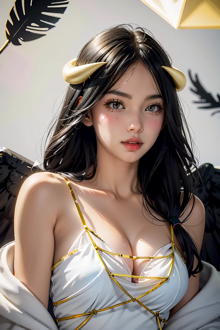 Masterpiece, Best quality, Ultra-detailed, illustration, epic lighting, Cinematic composition, isometry,(hexagons:1.2), 1girl, Horns, Solo, Yellow eyes, Black hair, Long hair, (Low wing:1.2), Large cleavage, Bare shoulders, hair between eye, Medium breasts, (White dress:1.1), Golden decoration, Detached collar, view the viewer, (view the viewer:1.1), parted lip, Blush, Black feathers fall, Arena, particle fx, (8K:1.1)