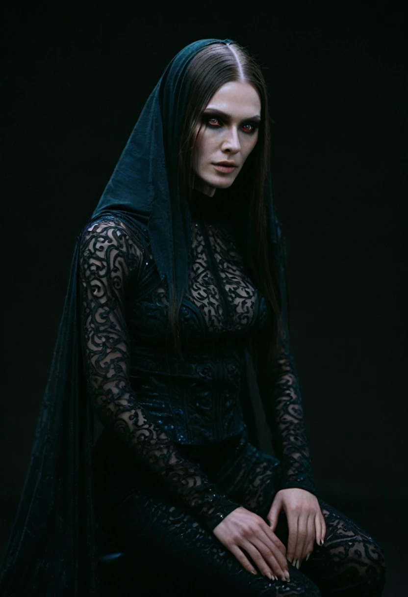 Fashionable of androgynous alien looking witch wearing veil, glowing eyes, beautiful evil slavic muscular woman, pale skin, long hair, futuristic design, minimal details, givenchy, photoreal, 200mm, hd, f/ 2.0, highly detailed, surreal, sitting, light smile, simple black stylish clothes, a slight smiledrop dead, in the style of red and blue, (intricate details, hyperdetailed:1.15) (skin texture:1.2), cinematic, professional, 4k, (((dynamic model pose))), sitting, full body, mesmerizing, dynamic, dramatic, sensual, dynamic pose, highly detailed skin with hair, subcutaneous veins, light and shadow play, highly detailed,24mm photograph, film, bokeh, professional, 4k,