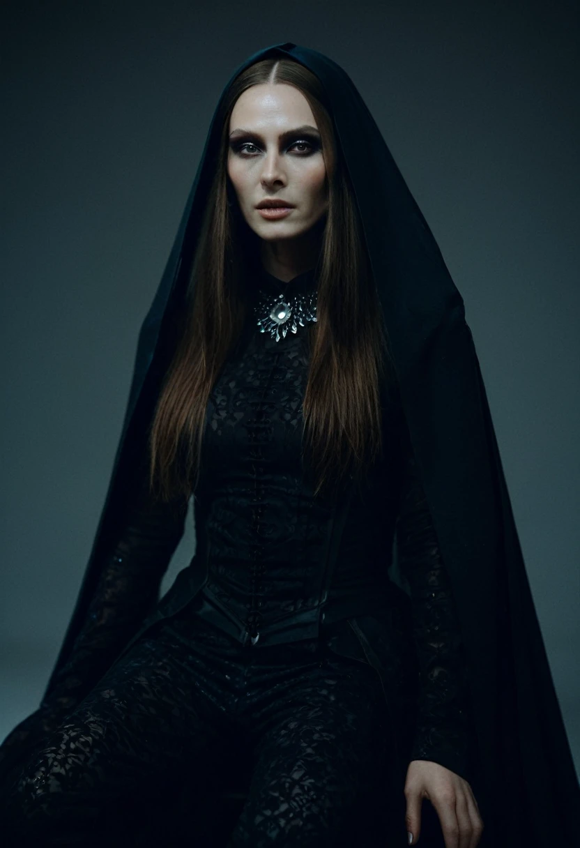 Fashionable of androgynous alien looking witch wearing veil, glowing eyes, beautiful evil slavic muscular woman, pale skin, long hair, futuristic design, minimal details, givenchy, photoreal, 200mm, hd, f/ 2.0, highly detailed, surreal, sitting, light smile, simple black stylish clothes, a slight smiledrop dead, in the style of red and blue, (intricate details, hyperdetailed:1.15) (skin texture:1.2), cinematic, professional, 4k, (((dynamic model pose))), sitting, full body, mesmerizing, dynamic, dramatic, sensual, dynamic pose, highly detailed skin with hair, subcutaneous veins, light and shadow play, highly detailed,24mm photograph, film, bokeh, professional, 4k,