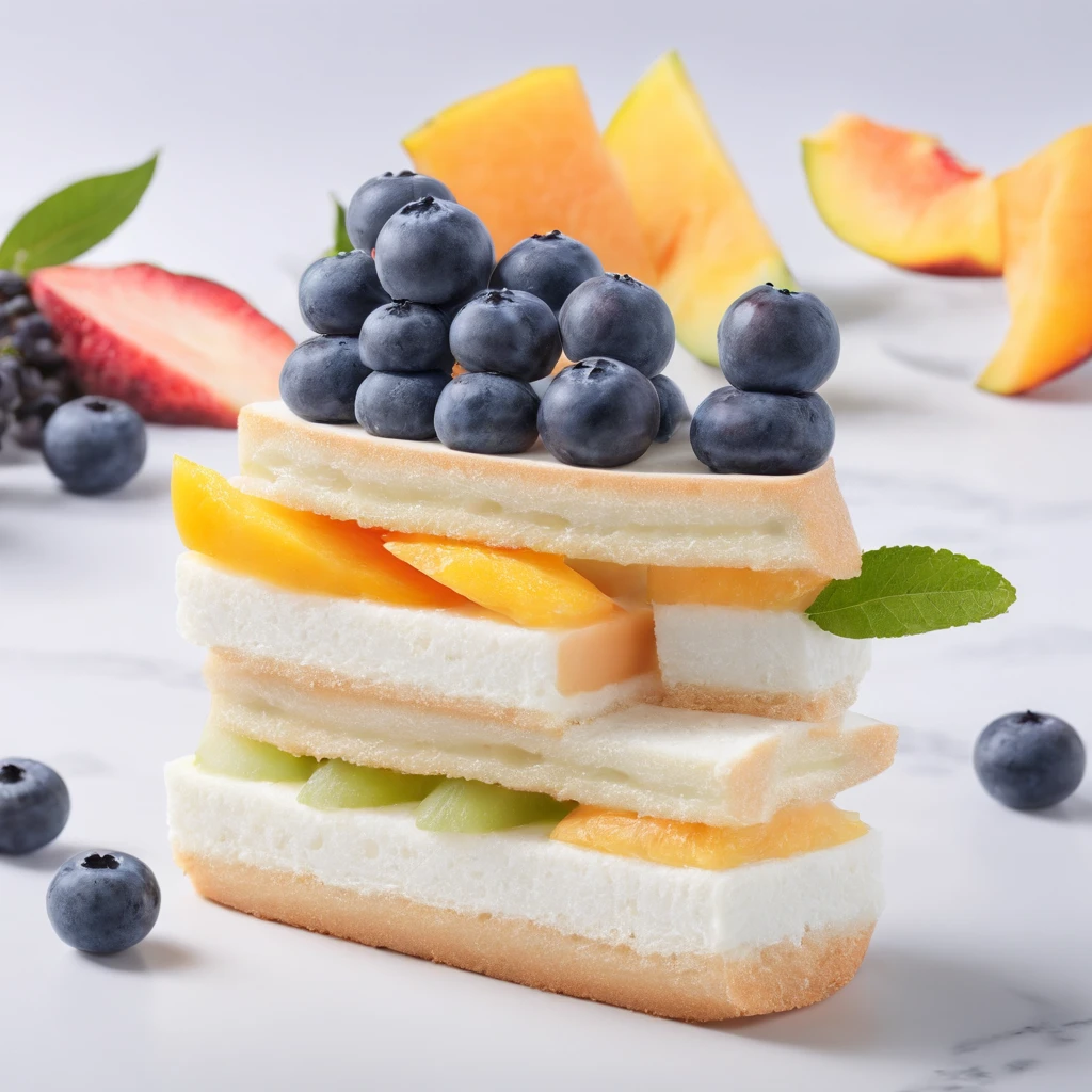 Two Japanese creamy fruit sandwiches, one filled with blueberry and the other filled with peach and mango.