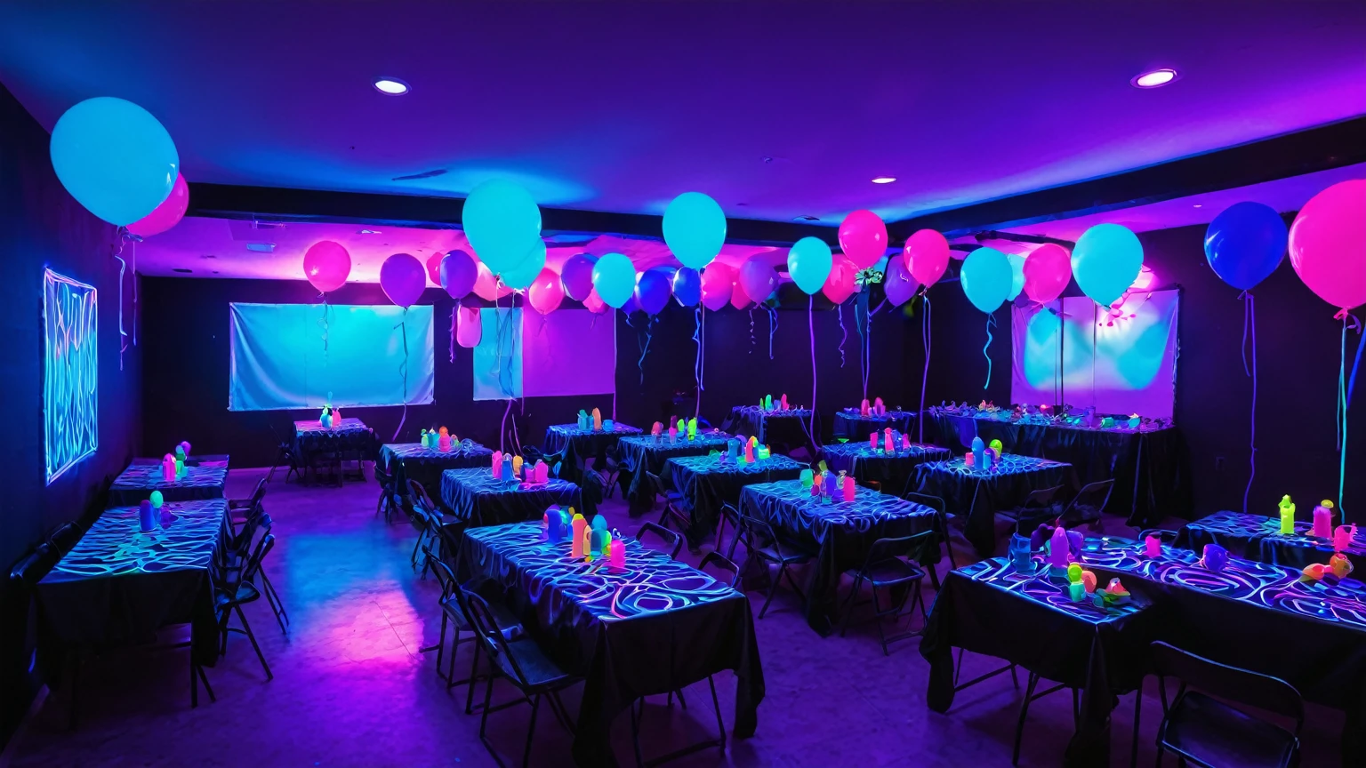 neon black light party room with fluorescent color balloons & party tables, uv-reactive, neon, black light, fluorescent, party room, birthday, background
