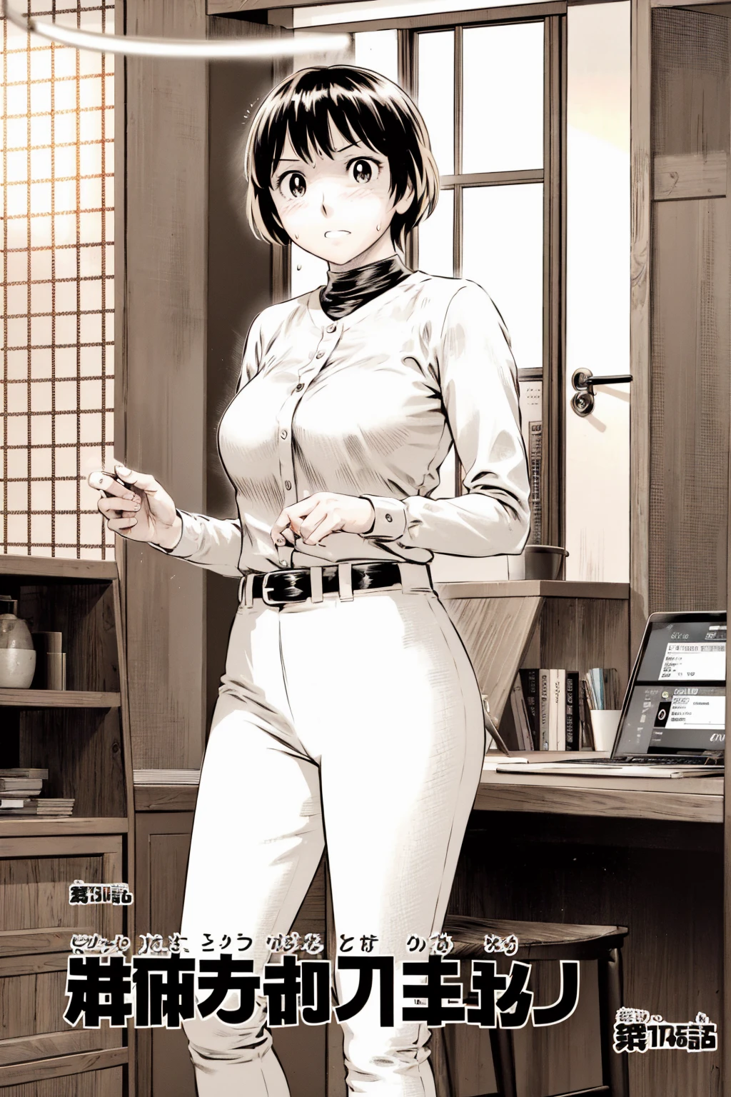 、(masterpiece、Highest quality)、Highest quality, Ultra-high resolution, (((masterpiece))), alone, Sweat、Big eyes,Tight black shirt、Tight white pants、belt、indoor、Composition from the front、（Cut the back hair short、short hair、blonde、woman）、Shortcuts、Embarrassed face、Cut your hair short、可愛いwomanの子、Big Breasts、office