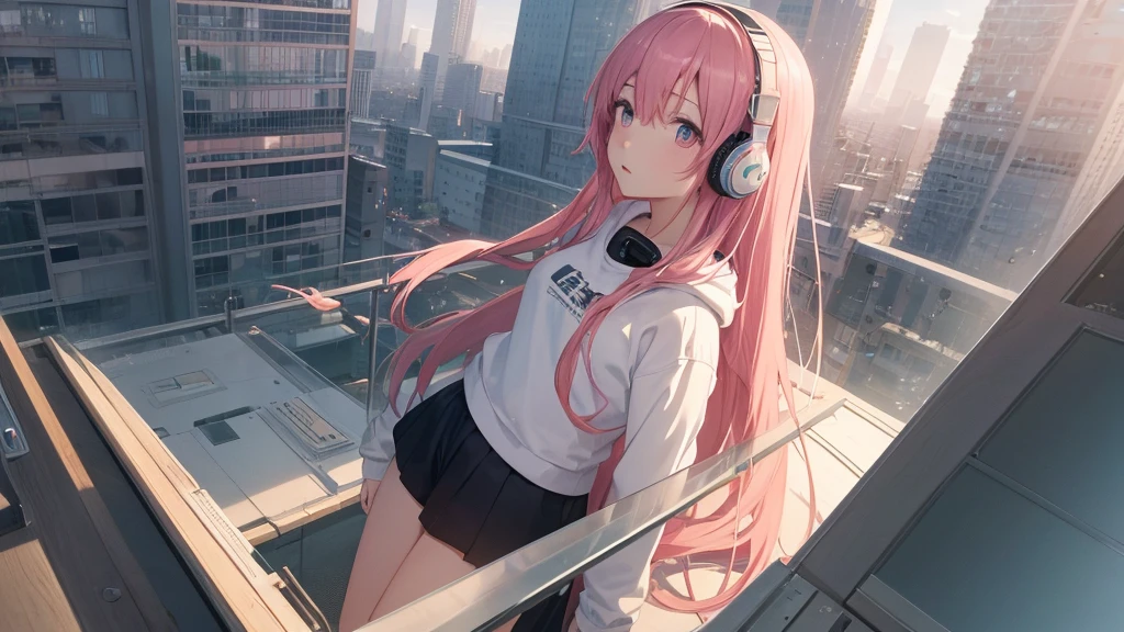 Absurd, Ultra-high resolution, (Official Art, beautifully、mysterious:1.2), Correct human body composition, Impressive eyes, light pink long hair, Larger than average bust, Girl listening to music with headphones, Looking out the window, Lo-fi Girl,  and oversized hoodie, Makoto Shinkai and Artgelm, Anime atmosphere, Lofi art style, Anime style 8k, Anime Aesthetics, Lo-fi feeling, Anime Art Wallpapers 8K, An atmosphere of praise, City girl&#39;s room, Rooms with large windows, Emotional cityscape, Bright Sky