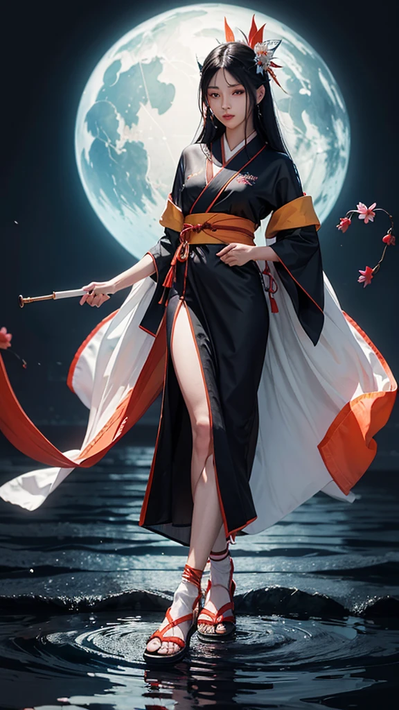 Wearing a lapis lazuli kimono in the dark17Year-old girl、Shiny black long straight hair、Up to the waist、Red and white mesh hair on a black background、Orange and red gradient eyeshadow、Slightly open red mouth、Walking quietly on the water、White tabi socks、Red cord、Sandals decorated with bells and white flowers、Holding a Japanese-style flute in his right hand、water pattern、Water Drop、A heron jumps out of the water、Take Off、Waterweed、water lily、
masterpiece, ultra detailed, best quality, hyperrealistic, photorealistic,
