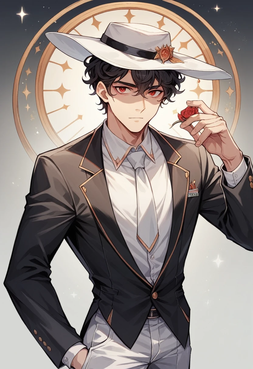 (( straight face picture )) ((best quality)), ((Masterpiece)), (details), ( Beautiful colors ) ( ornamentation ) Young man wearing a black suit , White tie ,white pants , white hat ,Shoulder-length hair ,My hair is a little frizzy. ,Red eyes ,at night ,There's smoke. ,moon , dark , Japanese mansion