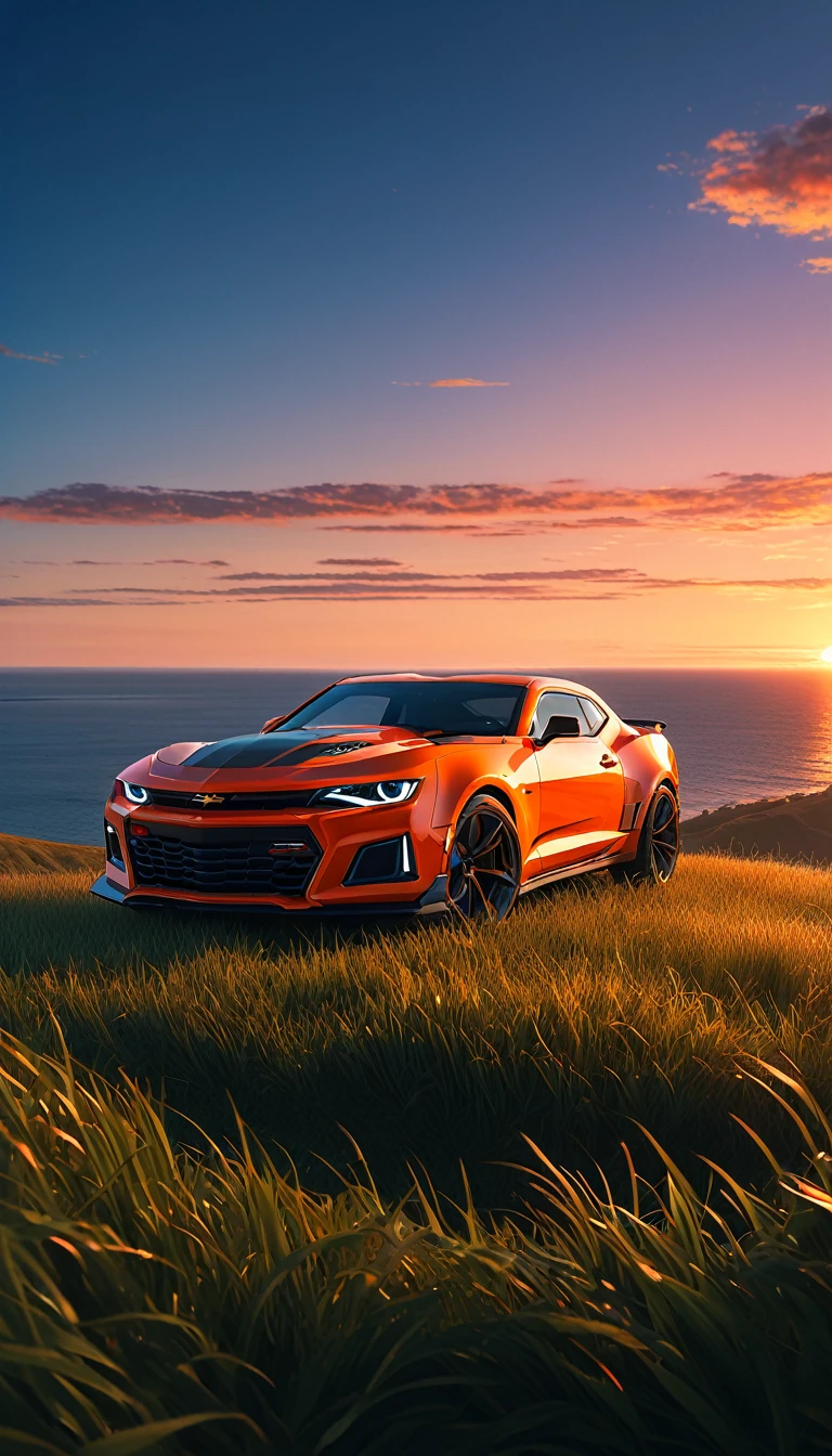 High quality, 8K Ultra HD. The image shows a boy next to an anime Camaro ZL1 looking at the ocean at sunrise from a grassy hill, with a background of vibrant blue sky and red and orange tones of the sun. anime art wallpaper 4k, anime art wallpaper 4K, anime background, anime art wallpaper 8K, anime art background, anime landscape wallpaper, amazing wallpaper, high quality wallpaper definition,4k animated wallpaper,4k animated wallpaper,Aries Moross art,Bob Byerley art,AshleyWoodArtAI,greg rutkowski