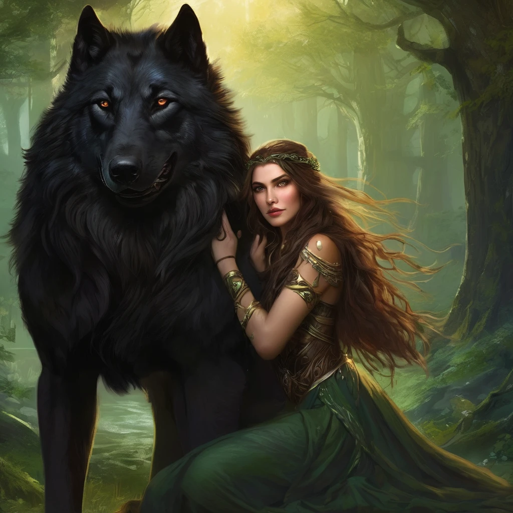 (Beautiful elf druid girl 1.3) hug a big black wolf (Background&#39;Extremely detailed Unity 8k CG display, head of&#39;artwork, best quality, ultra-detailed, beautiful, bright, detailed eyes:1.2), better lighting, (best shadow, an extremely delicate and beautiful, floraison, iridescent), head of&#39;artwork, best quality:1.1, realistic:1.3, Cinematic lighting:1.2, on a sunny cliff:1.5, ultra photorealistic, photorealistic:1.0, sharpness:1.1, depth of ﬁeld:1.1, 50mm, Hasselblad X1D II, Door 160