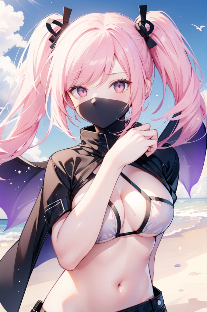 upper body, 1girl, wallpaper, light particles, beach, background, look at viewer, pink hair, long hair, twintails, white eyes, bikini, ninja mask