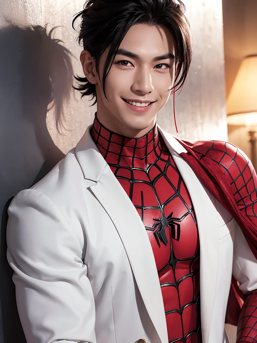 A man with black hair, pink highlights, black eyes, a handsome face, Full chest muscles, a mischievous smile, eyebrow piercing, nose piercing, wearing a Spider-Man costume. Face looks like a Chinese man A little muscular sexy poses and hugged the neck of a tall man with white hair, red eyes, and a mischievous smile. Wear a white suit and have long hair. His face was handsome, tall, muscular, and smiling. He held a katana.