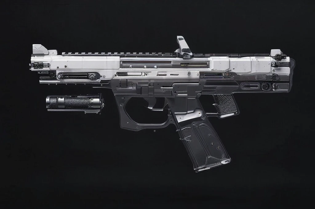 (masterpiece, top quality, best quality, official art, beautiful and aesthetic:1.2),(8k, best quality, no humans,( black background:1.3), gradient, gradient background, weapon, vehicle focus,black design, Science fiction, gun,assault rifle design,