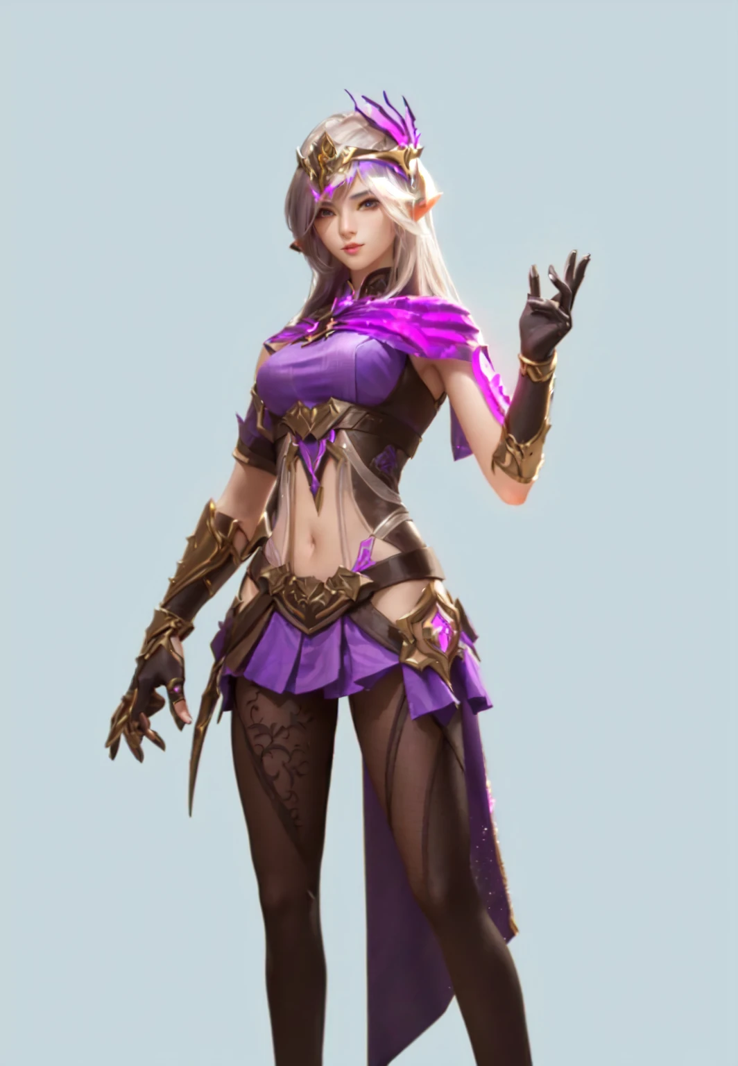 A man in a purple suit、Close-up of woman holding knife, Full body fairy, Charming Elf Princess Knight, Inspired by Yang Jin, Female Mage, IG model | Atjem, 3D Rendering Character Art 8k, Female characters, Fantasy Costume, Female Mage!, Star witch clothes, Epic Mage Girl Character, style Atjem, Purple Armor