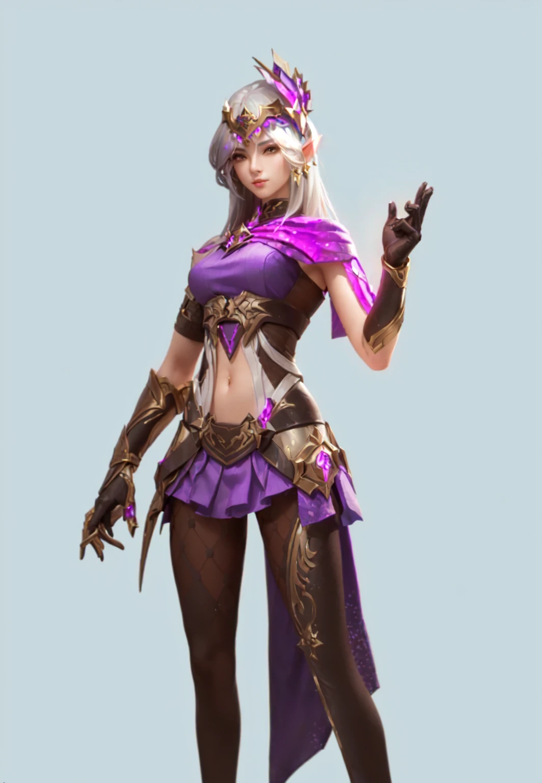 A man in a purple suit、Close-up of woman holding knife, Full body fairy, Charming Elf Princess Knight, Inspired by Yang Jin, Female Mage, IG model | Atjem, 3D Rendering Character Art 8k, Female characters, Fantasy Costume, Female Mage!, Star witch clothes, Epic Mage Girl Character, style Atjem, Purple Armor