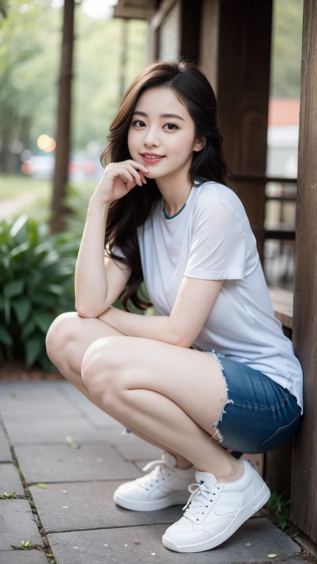 masterpiece, best quality, Surreal, Ultra Detailed, 8k resolution, RAW photos, Clear focus, (A girl in the forest), ((light gray shirt:1.1)), Short sleeve, sports Shorts,Full body posture, Solitary, Perfect body, Become a, Bangs to eyebrows、Beautiful brown hair、Beautiful and delicate eyes、Brown eyes、Raise an eyebrow、High Nose、Small nostril、Little mouth、Tempting lips、Mouth slightly open、Beautiful breasts、Full body、Playful and flirty pose,The calves are straight and thin:1.5,Wear high-end brand colored sneakers:1.5,Oval face, Both eyes, Both eyes皮, Long eyebrows, Long eyelashes, A faint smile,Playful and flirty pose,The calves are straight and thin:1.5,Wear high-end brand colored sneakers:1.5,The legs are slender and slender,Incredibly sexy,perfect proportions perfect proportions、Perfect Anatomy、Perfect composition、32 inches in the chest,(a charming smile:1), (sexy pose),26 years old, light,White shoes