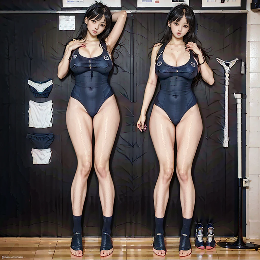 high quality, masterpiece, Very detailed, 8K, a  beautiful Japanese woman:1.5, Small face, Black Hair, blunt bangs, Breast Augmentation Surgery, From above, (Detailed navy blue school swimsuit:1.5), Neatly organized high school uniforms