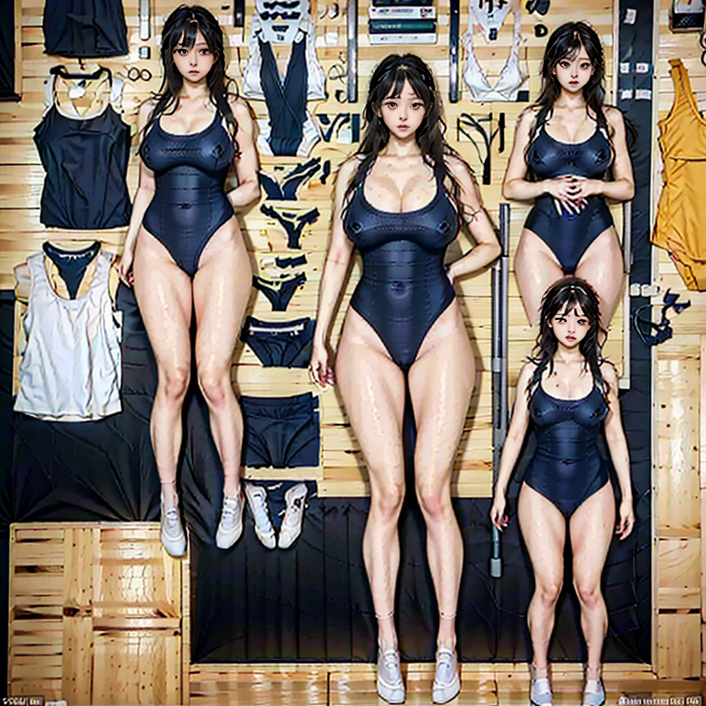 high quality, masterpiece, Very detailed, 8K, a beautiful Japanese woman:1.5, Small face, Black Hair, blunt bangs, Breast Augmentation Surgery, From above, (Detailed navy blue school swimsuit:1.5), Neatly organized high school uniforms