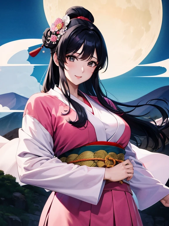 (Highest quality、masterpiece、High resolution、8K)、Vibrant colors、1 female、Black hair Japanese topknot、whole body、Bon dance、着物は和装で白地に鮮やかなflower柄模様、Official Art、The background is Ukiyo-e style、White waves,Fuji Mountain,flower,moon,cloud,
