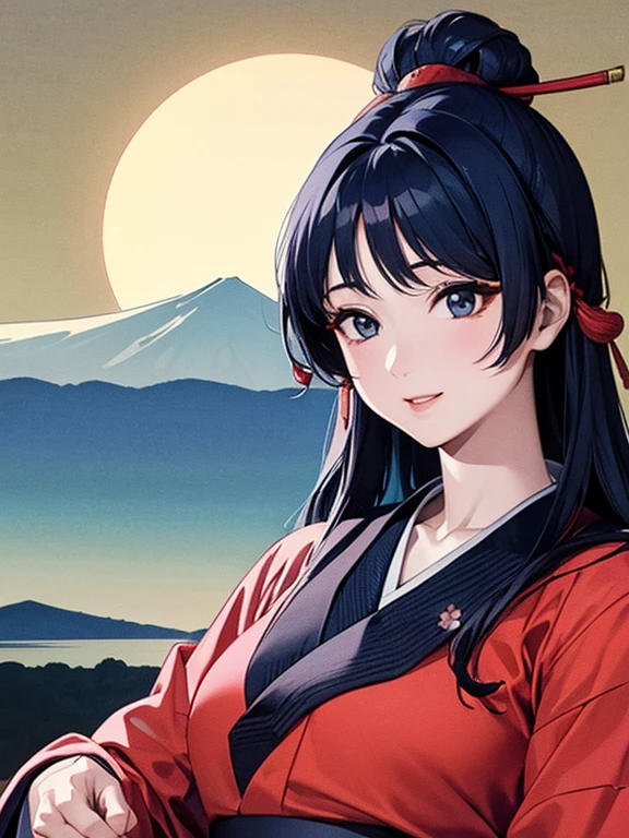 (Highest quality、masterpiece、High resolution、8K)、Vibrant colors、1 female、Black hair Japanese topknot、whole body、Bon dance、着物は和装で白地に鮮やかなflower柄模様、Official Art、The background is Ukiyo-e style、White waves,Fuji Mountain,flower,moon,cloud,