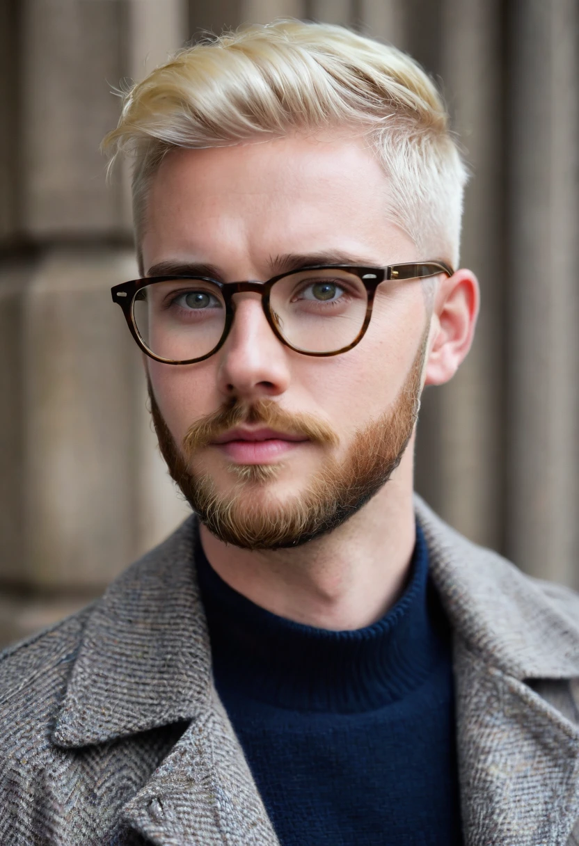 Handsome Scottish,
blonde hair, short hair, hazel eyes, 30 years old, short beard, buzz cut, eyeglasses 