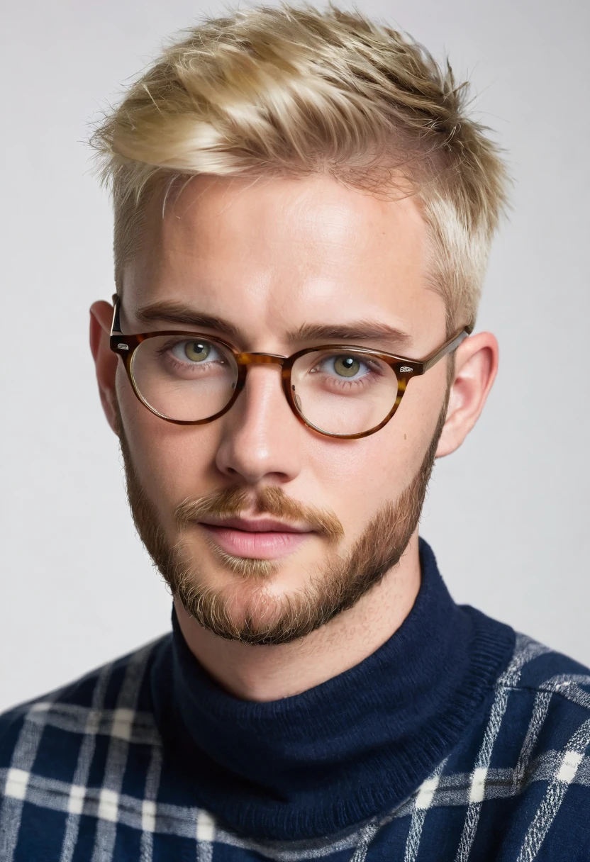 Handsome Scottish,
blonde hair, short hair, hazel eyes, 30 years old, short beard, buzz cut, eyeglasses
