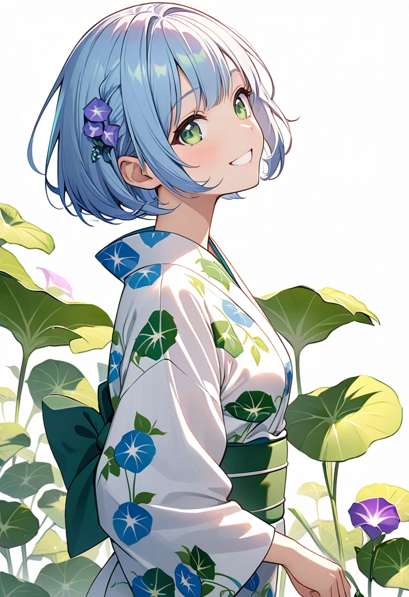 Light blue hair、Short Bob、Deep green eyes、Small breasts、Age 25,A yukata with a morning glory pattern on a white background,side shot、smile、White background