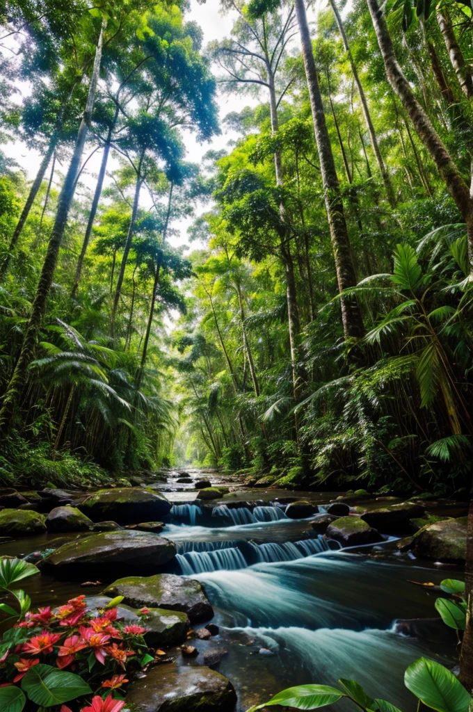 .A lush, vibrant jungle with tall trees and colorful flowers.make the landscape image