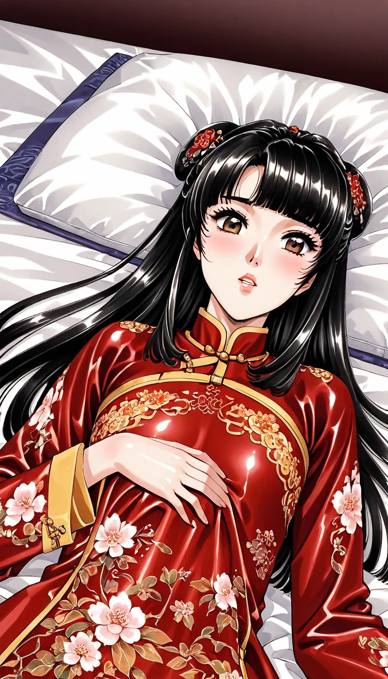 Beautiful 15 year old Chinese Kung Fu girl princess with long black hair　Gorgeous embroidery, Ultra glossy, She is wearing shiny red long sleeve floral pajamas....　She is made to lie down on a red enamel futon, with the futon over her upper body, her pussy spread and her vagina examined.