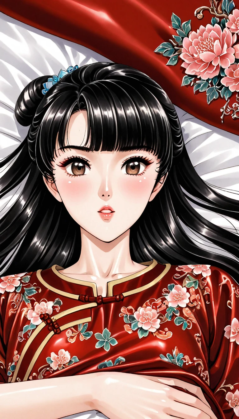 Beautiful 15 year old Chinese Kung Fu girl princess with long black hair Gorgeous embroidery, Ultra glossy, She is wearing shiny red long sleeve floral pajamas.... She is made to lie down on a red enamel futon, with the futon over her upper body, her pussy spread and her vagina examined.